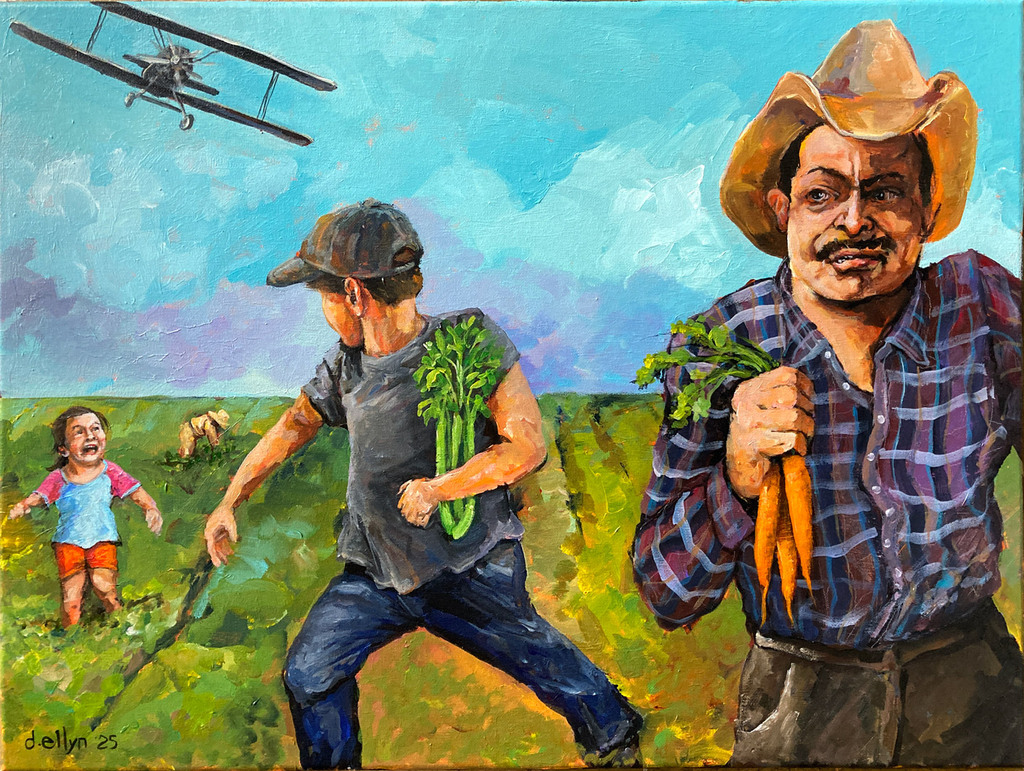 A man in a cowboy hat holds carrots as a child and worker flee a field beneath a low-flying plane in a tense farming scene.
