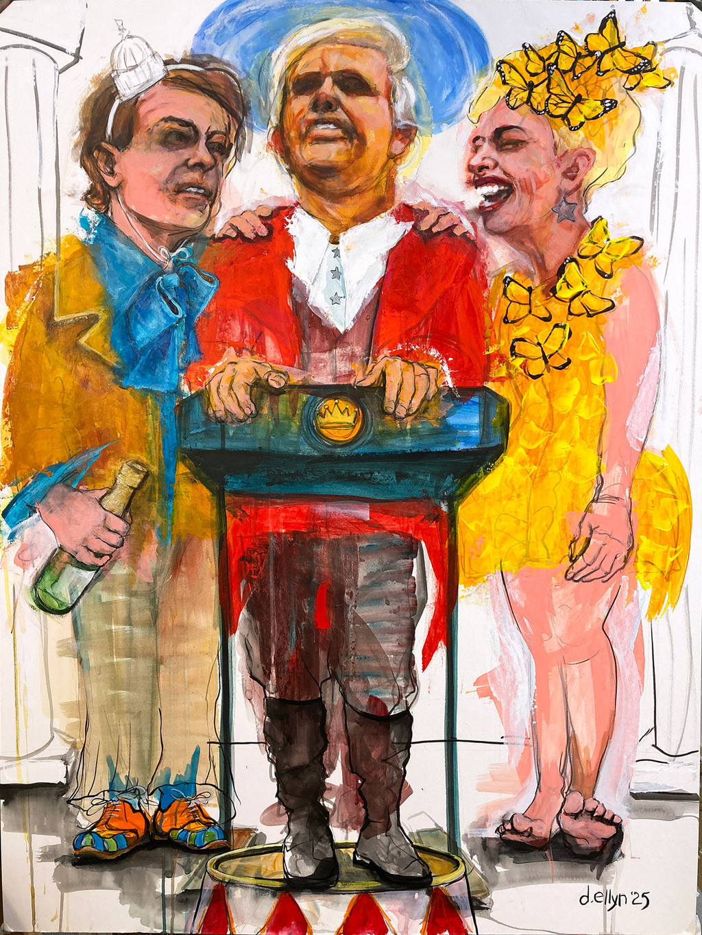 Painting of three figures at a White House podium in elaborate, Hunger Games–style costumes, merging political theater with Capitol opulence.