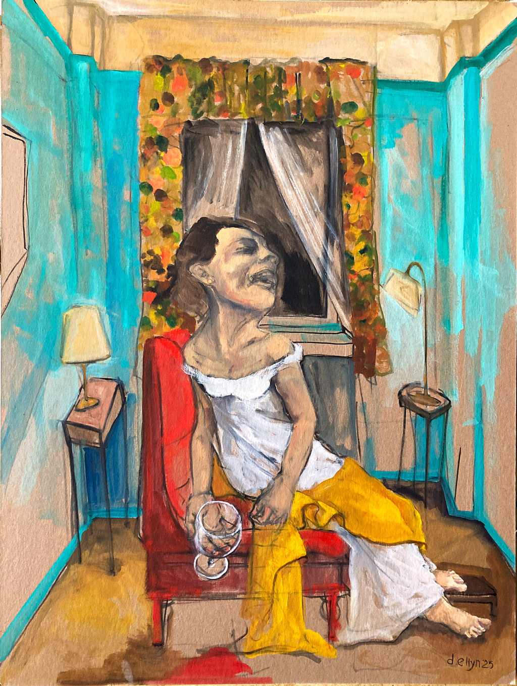 Painting of a woman laughing in a red chair, holding a tipped wine glass, in a turquoise room with floral curtains, inspired by DC Home Rule.