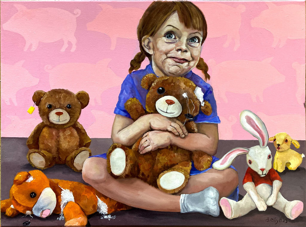 A young girl clutches a patched teddy bear among other damaged toys against a pink pig-patterned backdrop.