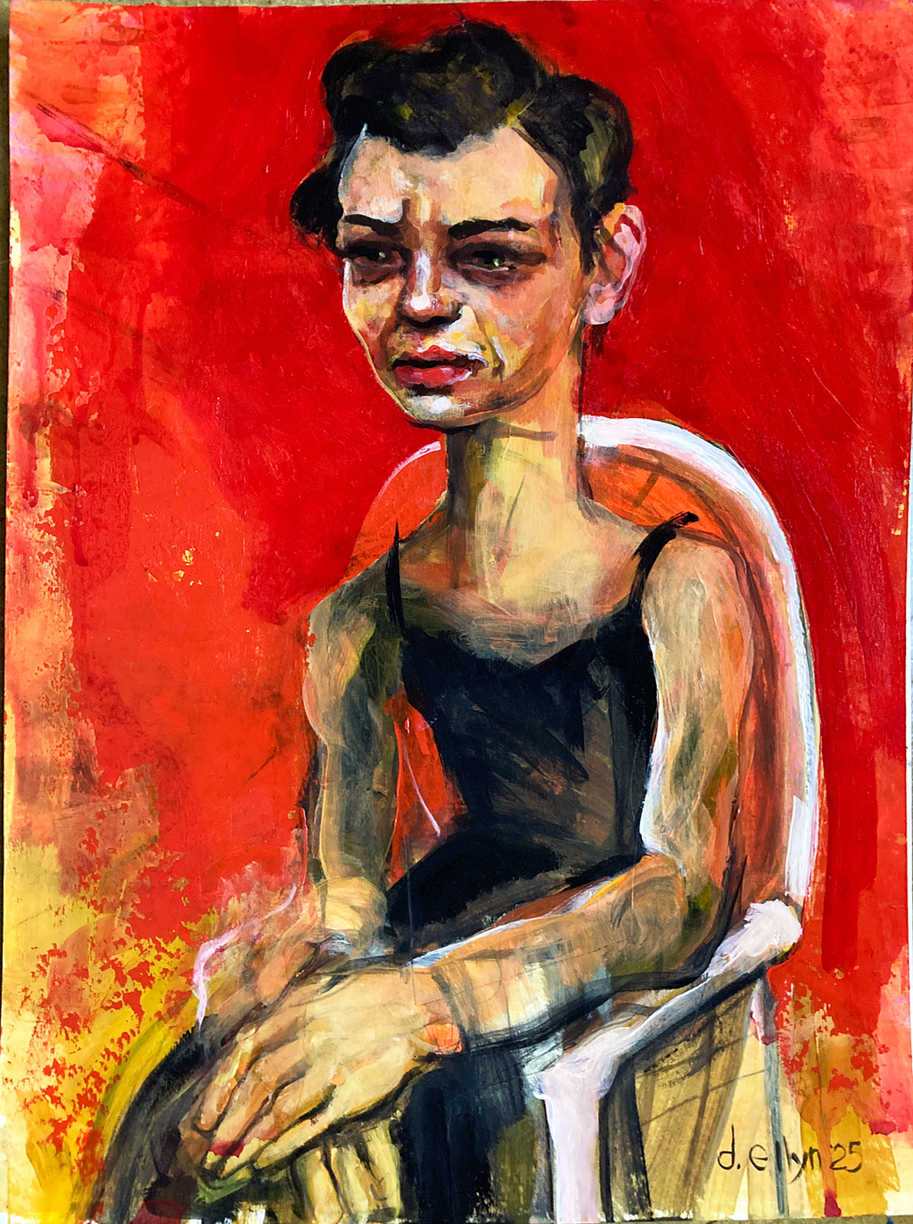 Patient by Dana Ellyn (2025) – expressive portrait in bold red, capturing resilience, emotion, and quiet strength.