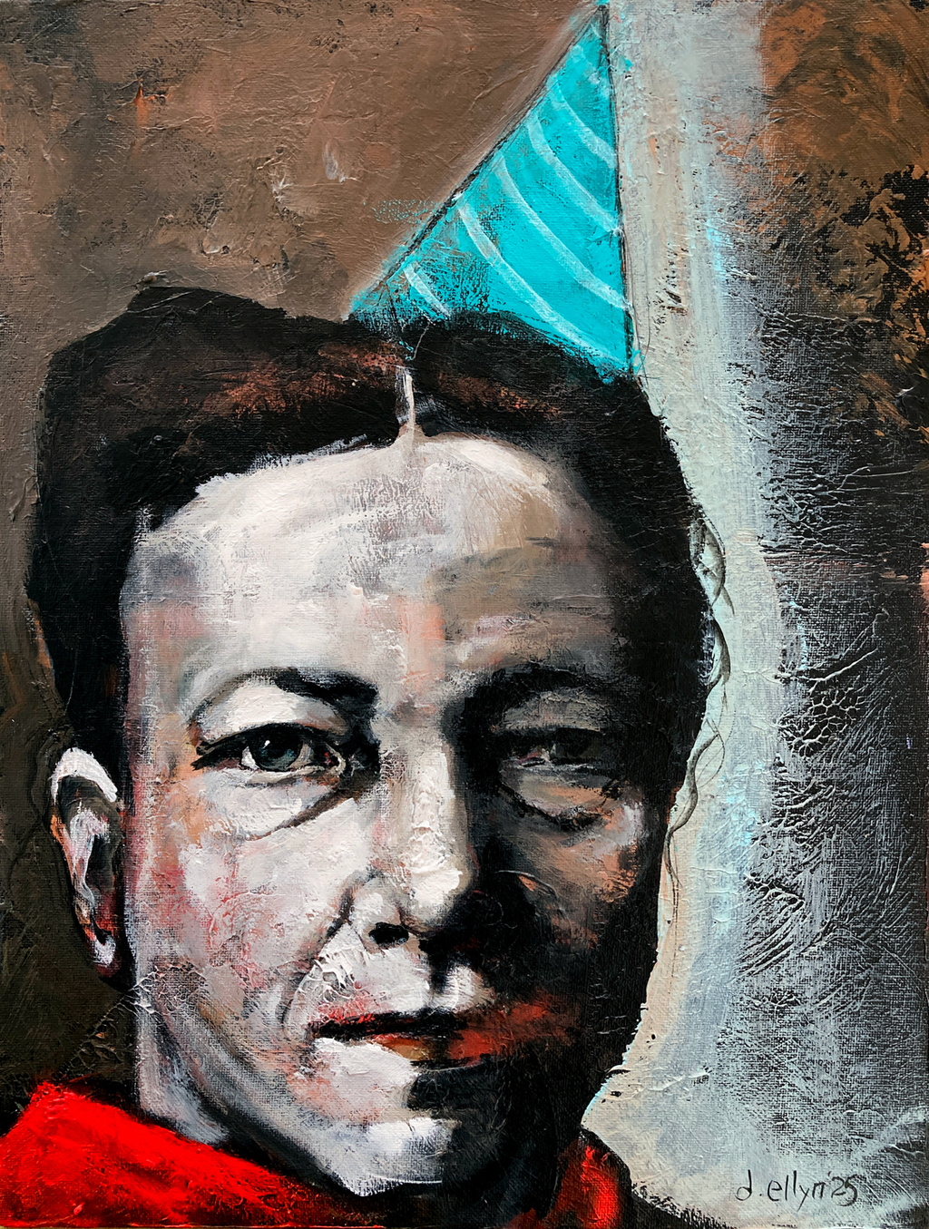 Portrait of a woman in a turquoise party hat and red shirt, her face half in shadow, expressing quiet strength and optimism.