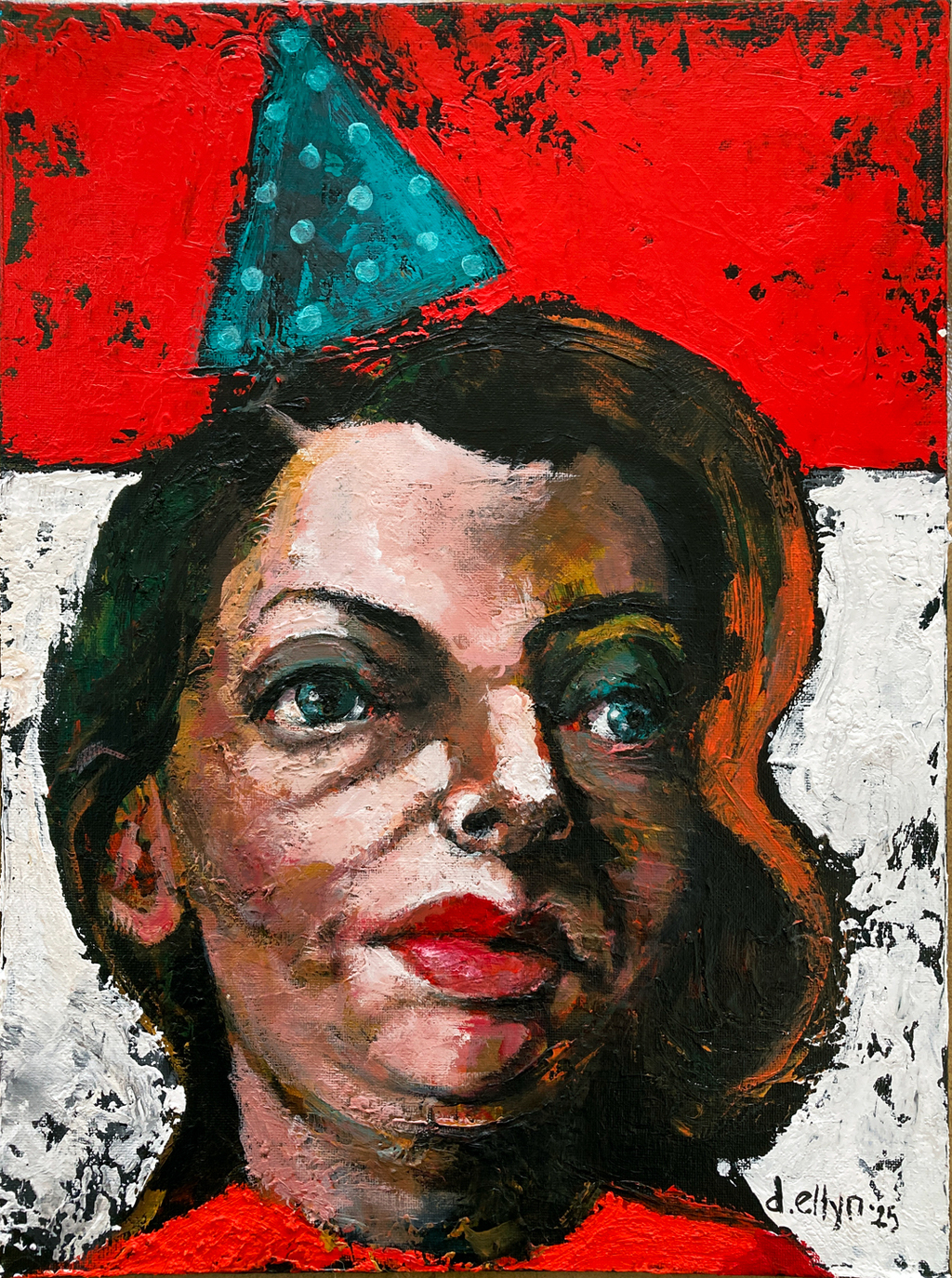 Portrait of a woman in a blue party hat against a red and white background, her expression caught between strength and weariness.