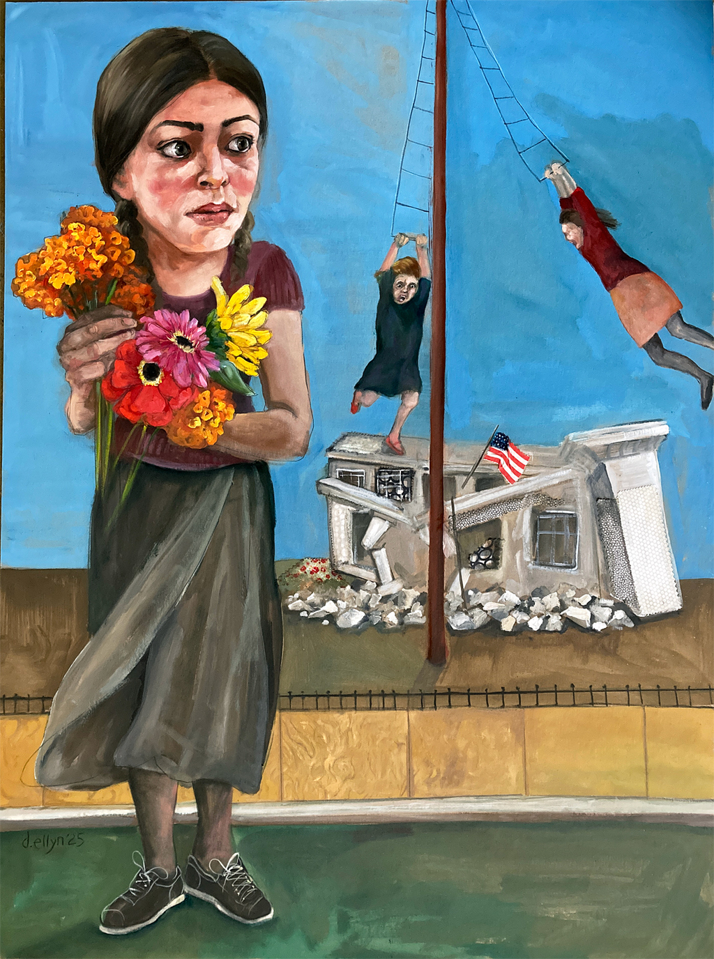 Painting titled “State of the Union” by Dana Ellyn showing a young girl holding flowers before the demolished East Wing of the White House, with children swinging over the ruins.