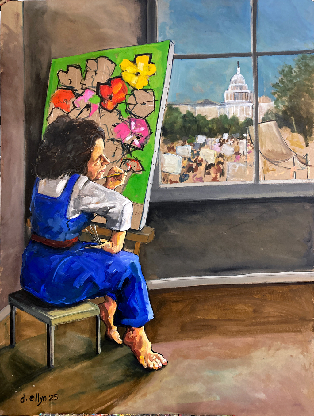 Painting of a DC artist at her easel overlooking a protest near the U.S. Capitol, by Dana Ellyn, 2025.