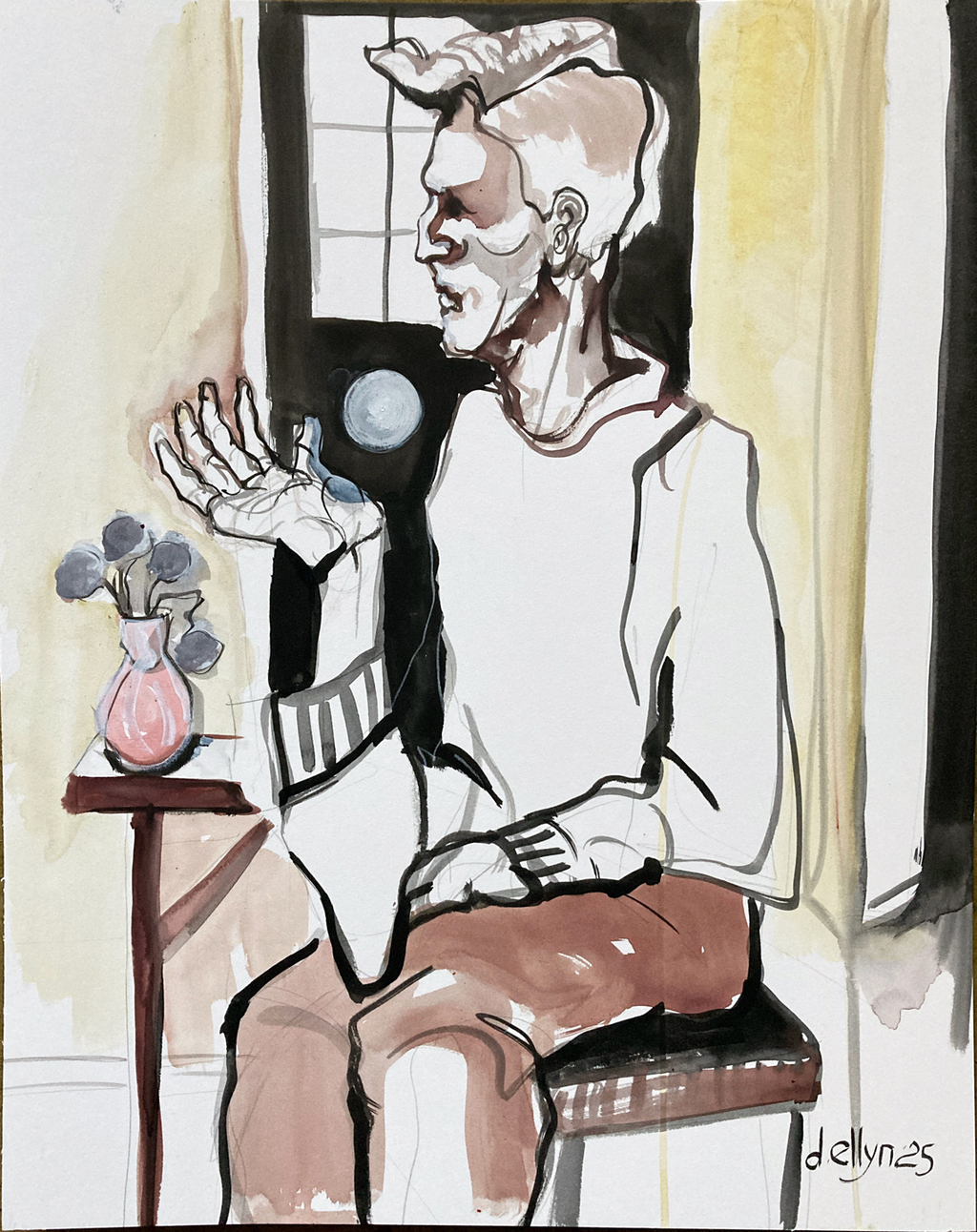 Ink painting by Dana Ellyn titled Hold That Thought, showing a seated figure in profile with an orb hovering above their hand, rendered in muted tones on mat board.