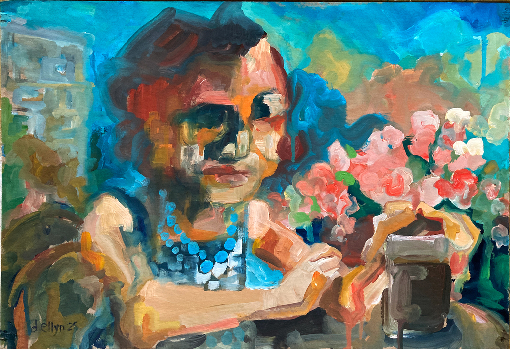A colorful expressive painting of a woman seated at a table with flowers and a drink, rendered in bold abstract brushstrokes.