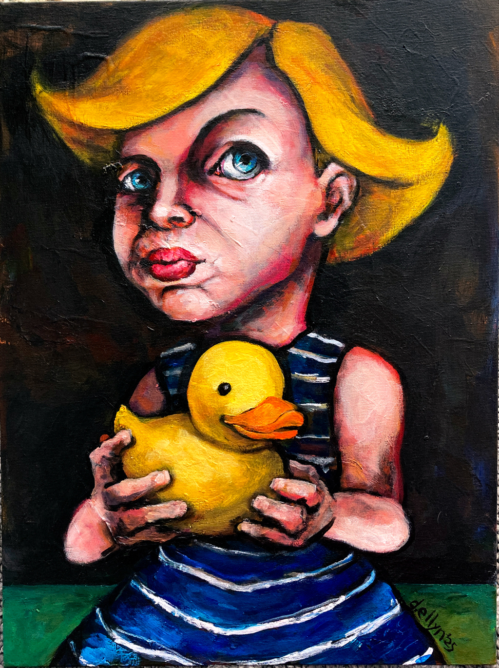 young girl with exaggerated yellow hair and making a duck face expression and holding a rubber duck toy