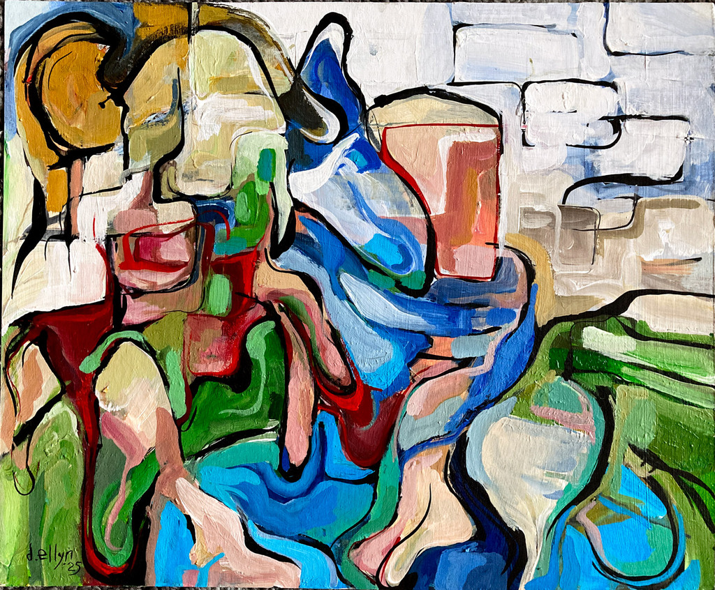 Abstract painting with layered blue, green, red and cream shapes suggesting buildings, water, figures and movement.