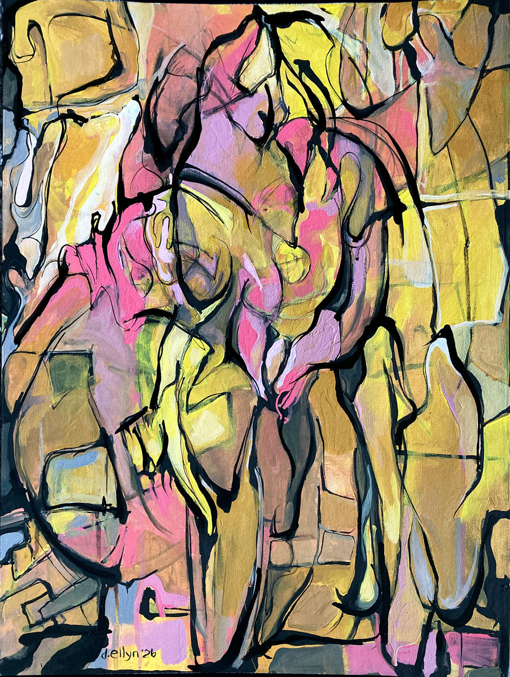 Abstract figurative painting of a curved figure cradling a small form, expressed through layered color and gestural line.