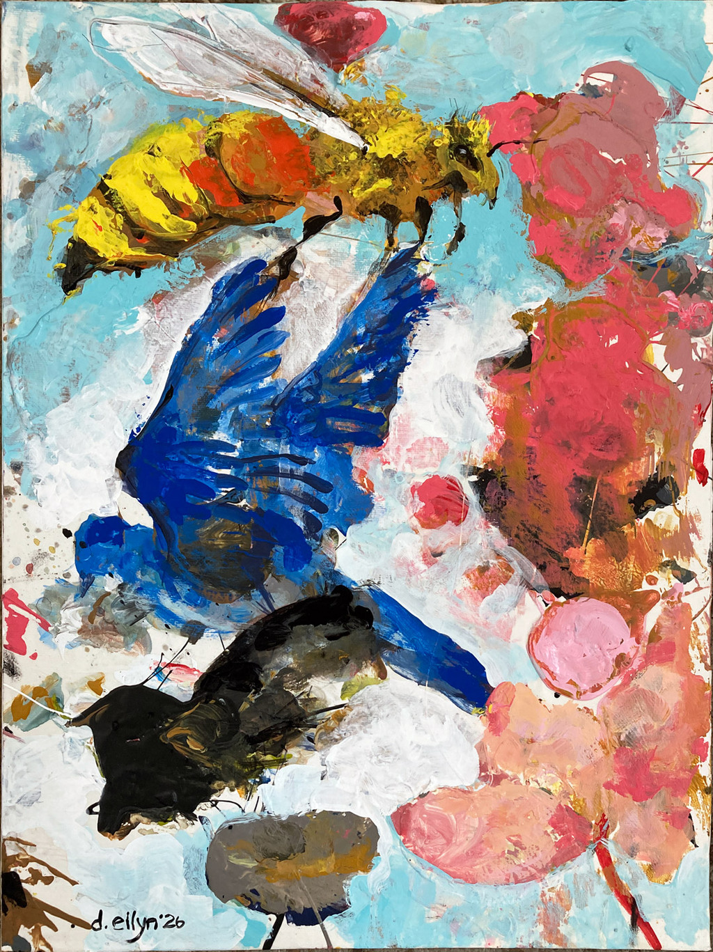 Abstract painting where a bird and a bee form emerge from layered palette paint, with expressive color, texture, and intuitive mark-making.