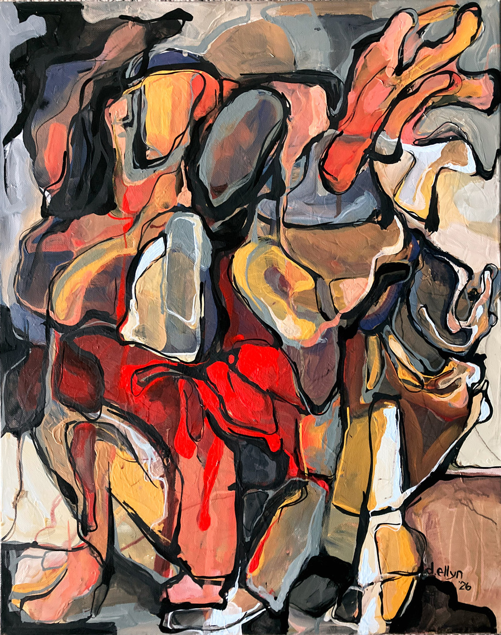 Abstract painting with layered earth tones, reds, and black linework suggesting compressed figures and collective tension.
