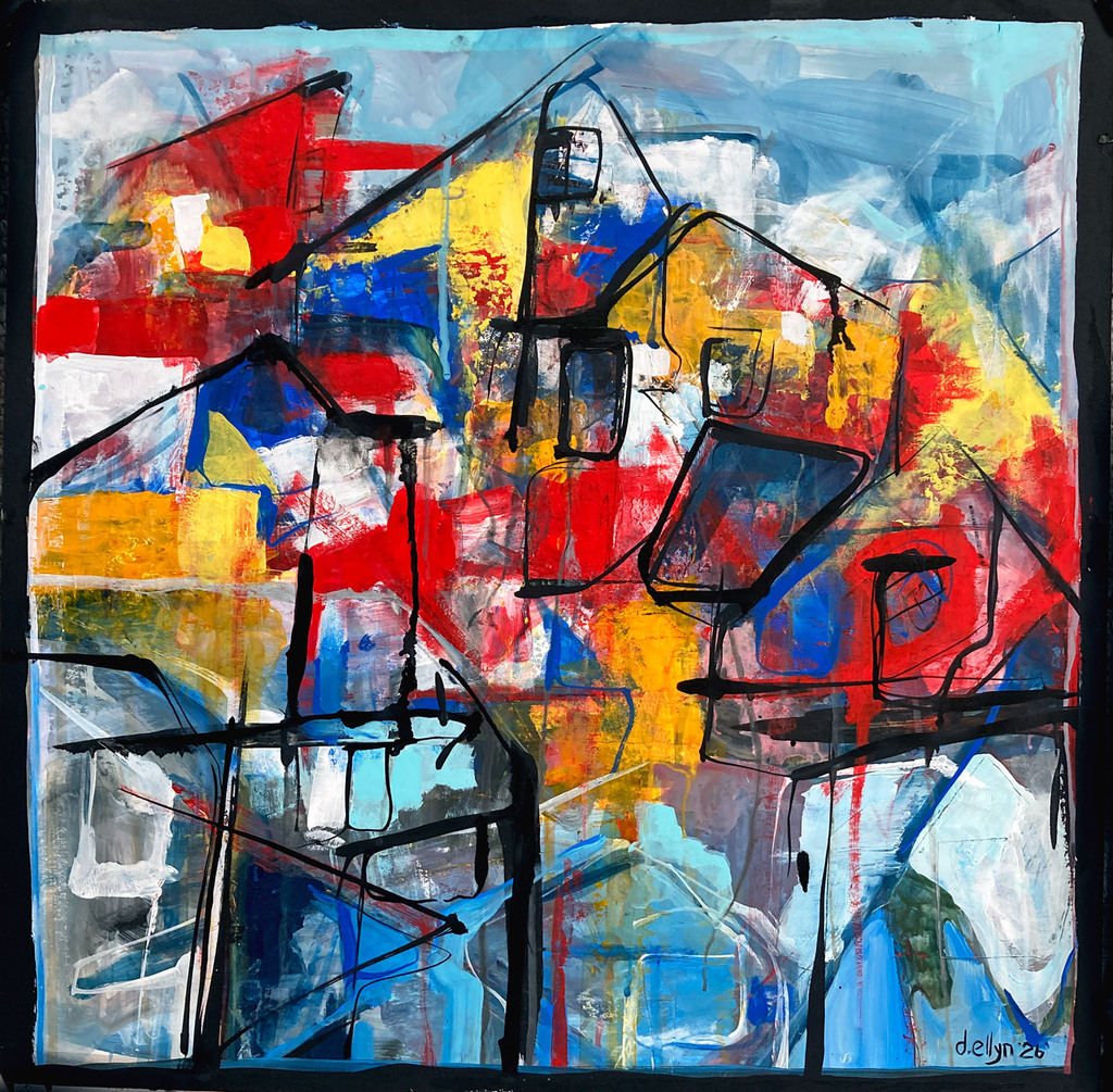 Abstract painting in blue, red, yellow, and black with layered geometric forms and expressive lines suggesting fractured structures and movement.