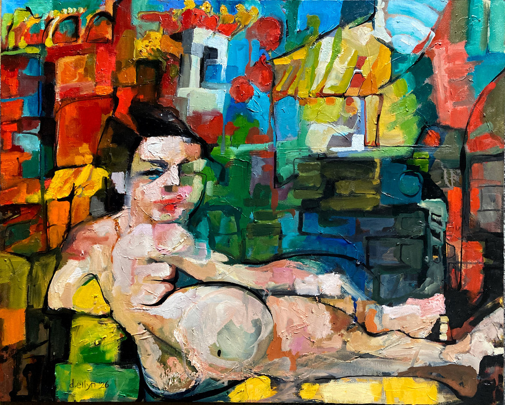 Chinatown by Dana Ellyn, 24x30 oil painting, abstracted self portrait inspired by the color and energy of Washington DC’s Chinatown.