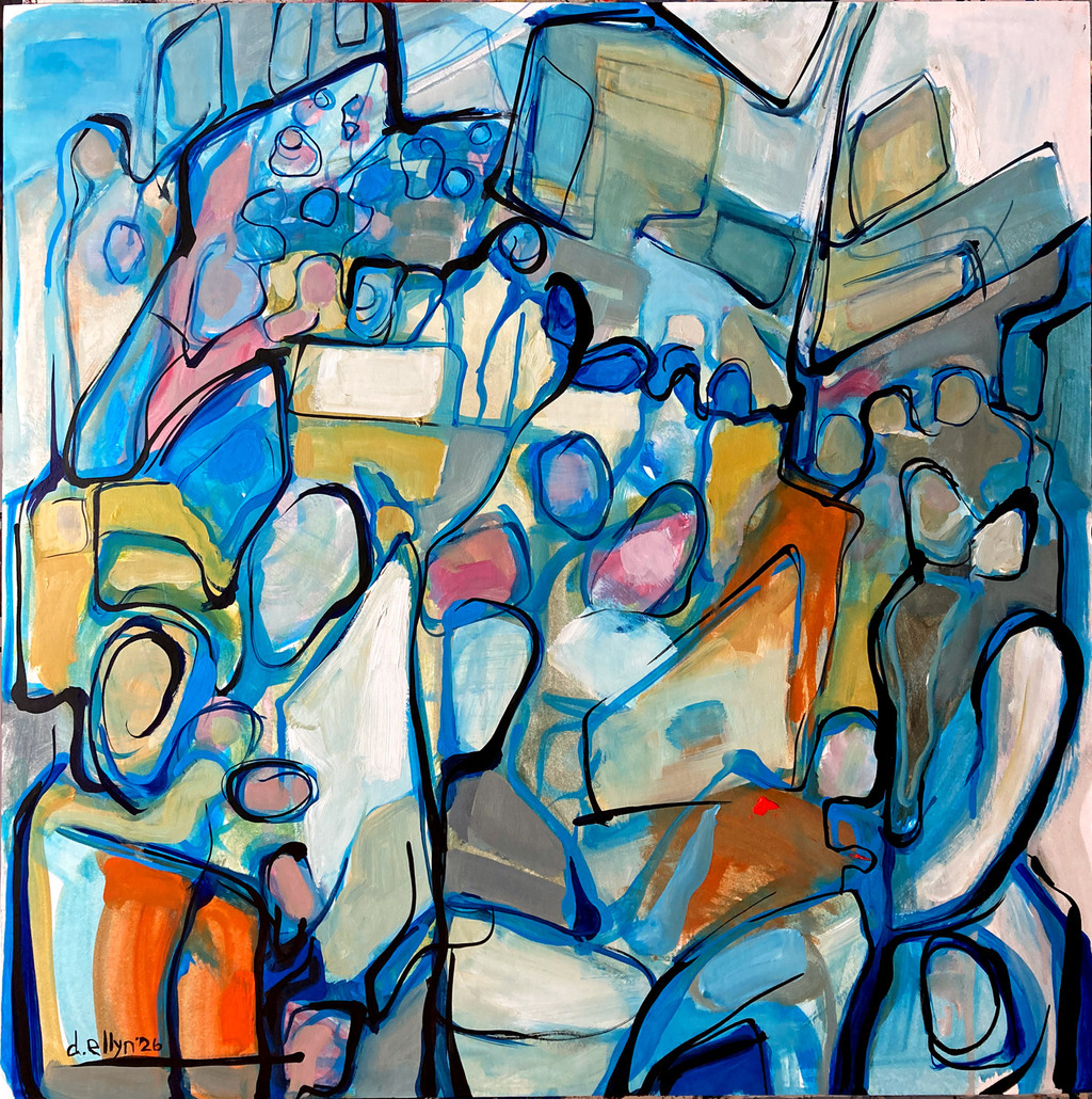 Abstract figures layered together, evoking childhood memory and summers in the Catskills through soft overlapping forms.