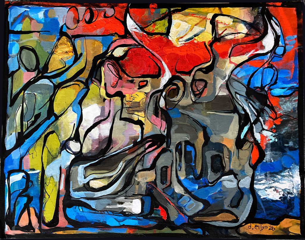 Abstract bullfight-inspired painting with bold red, blue, and earth tones, layered gestural lines, and horn-like forms suggesting movement and confrontation.
