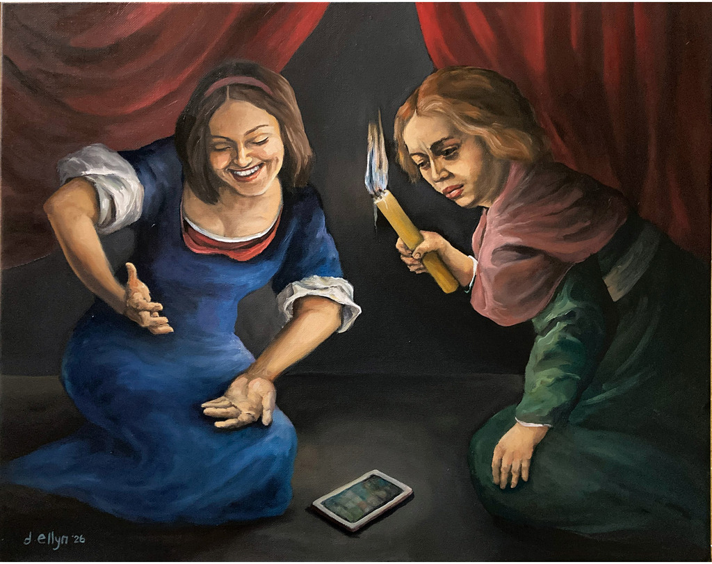 Figurative painting of two women in a dark interior holding a candle and a phone, suggesting ritual, attention, and contrasting forms of illumination.