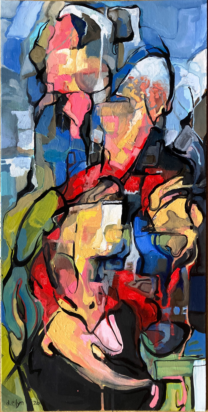 Abstract painting of overlapping figures gathered around a piano, suggesting a singalong and shared moment of music.