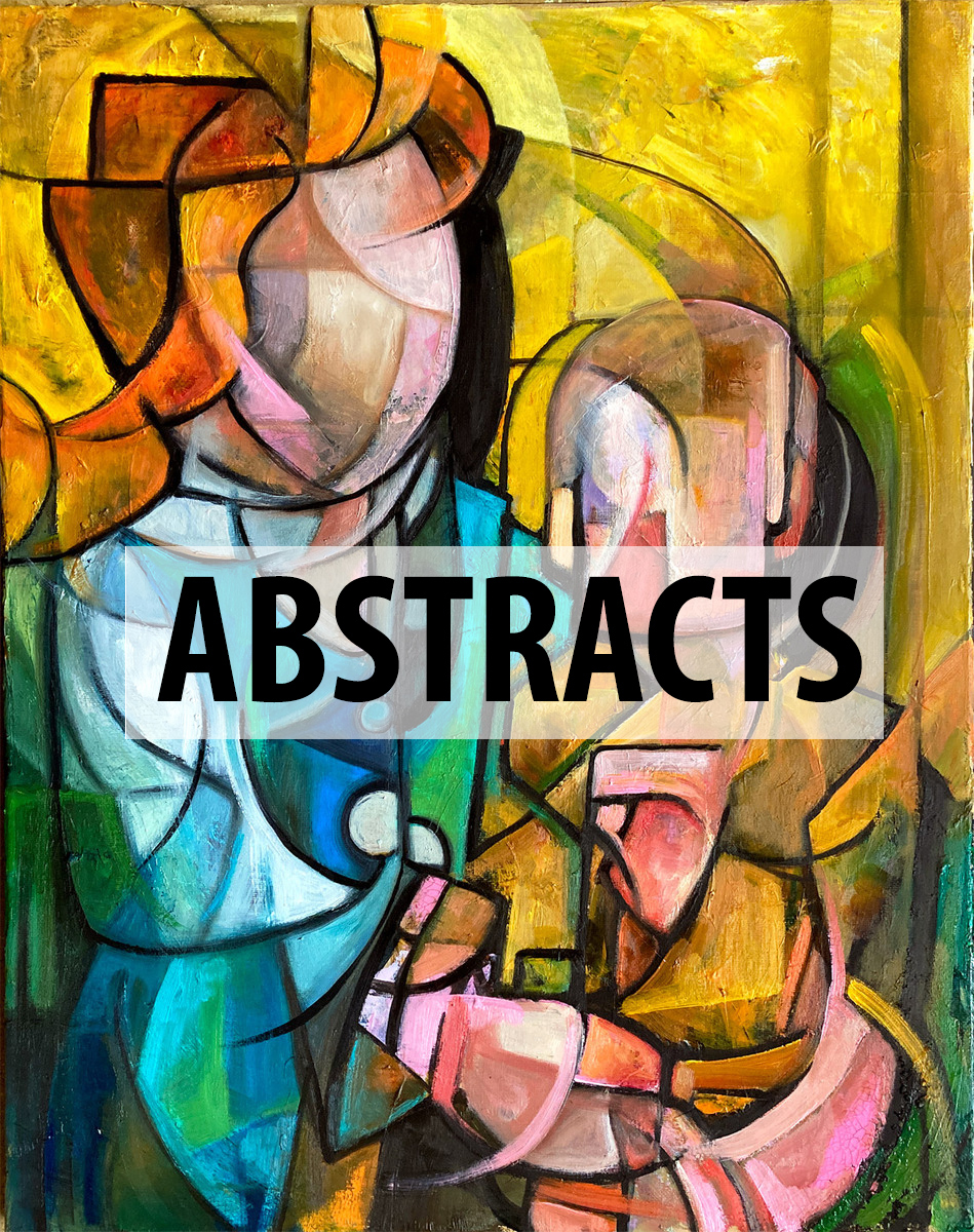 Abstract painting of two interwoven figures with curving black lines and yellow-blue tones, symbolizing human connection.