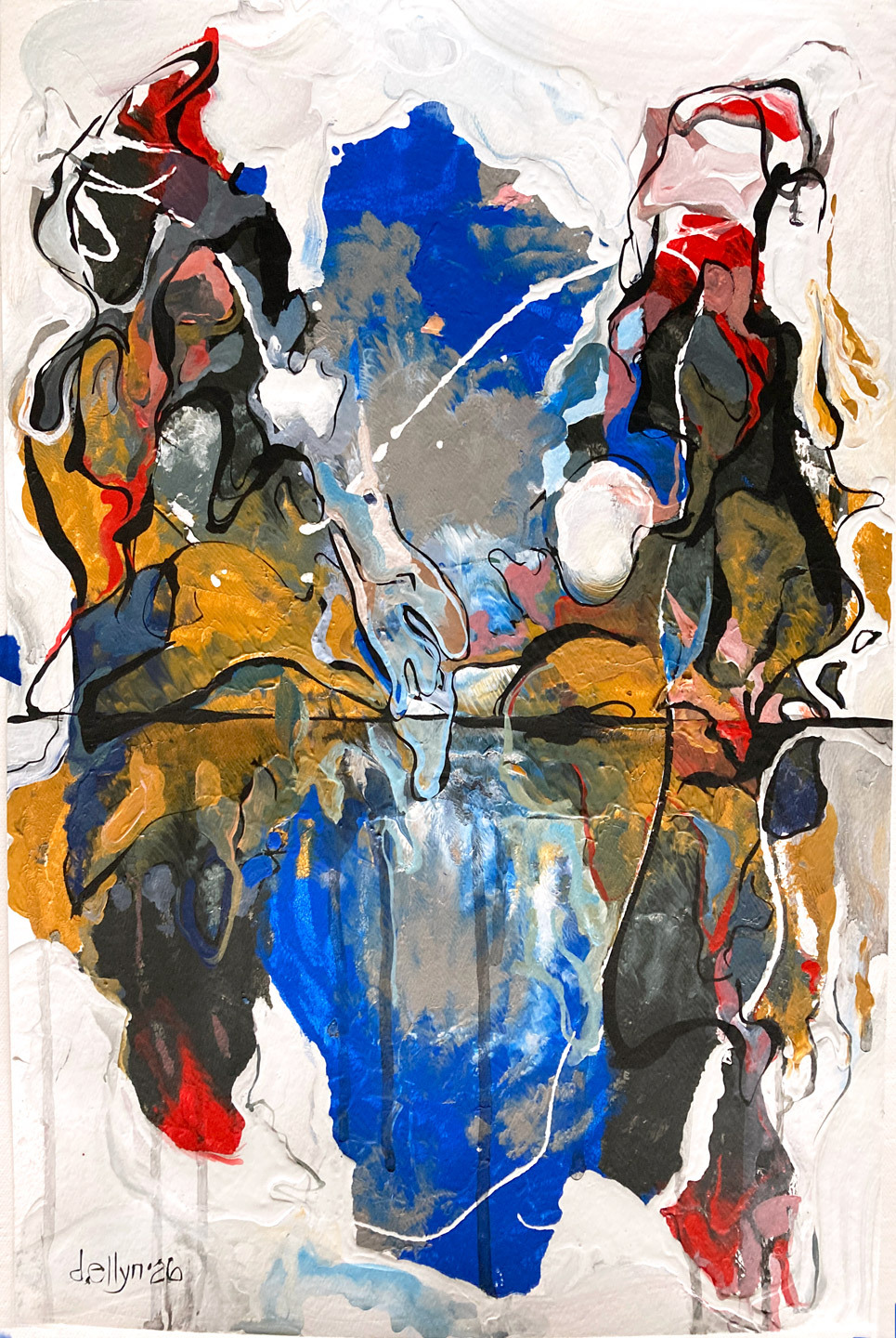 Abstract painting suggesting two children kneeling on a beach, reflected in water through layered blue, gold, and soft organic forms.