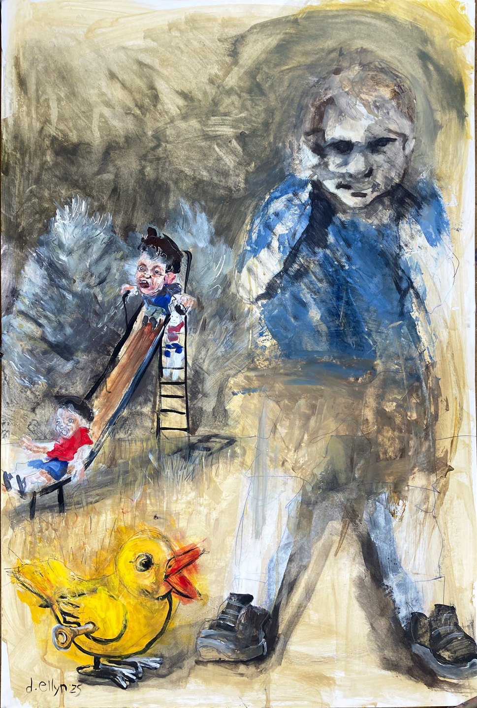 Painting of children playing on a slide with a looming ghostlike child figure and a yellow wind-up duck in the foreground.